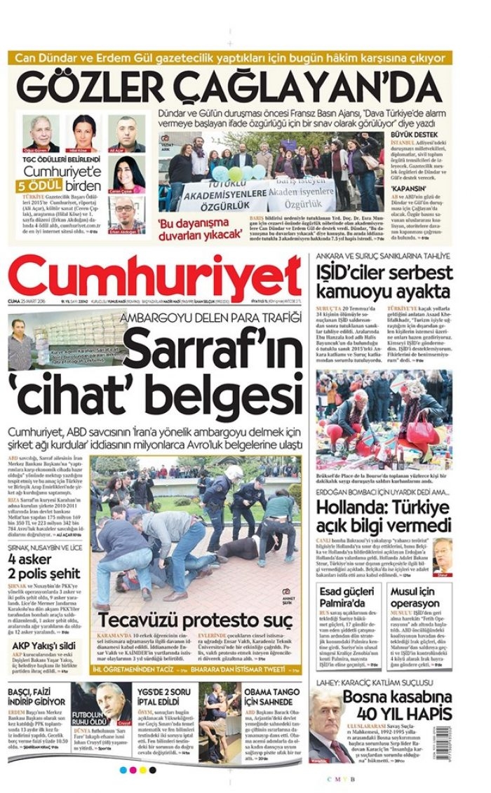 Günün gazete manşetleri - 25 Mart 2016
