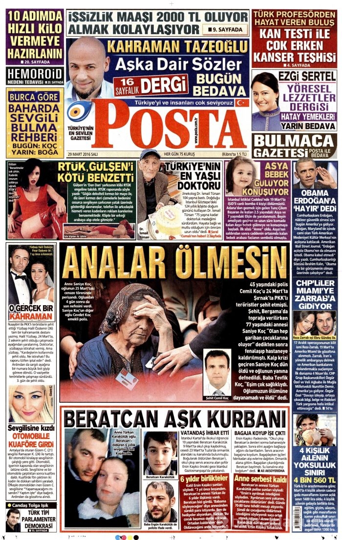 Gazete manşetleri (29 Mart 2016)