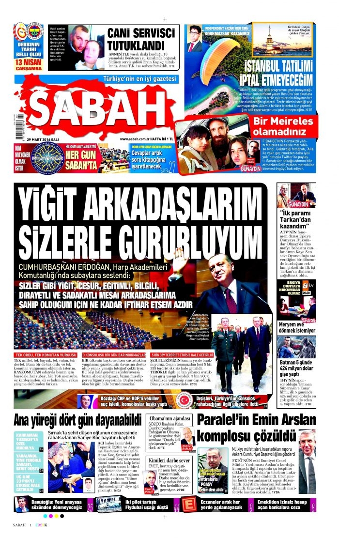 Gazete manşetleri (29 Mart 2016)