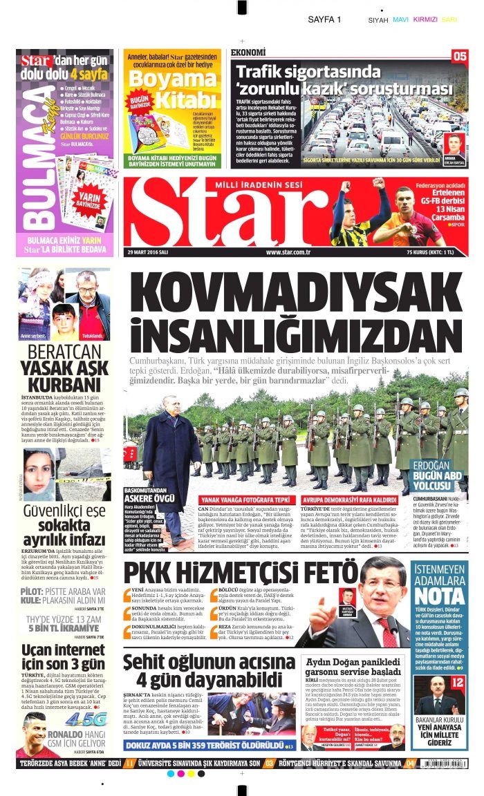 Gazete manşetleri (29 Mart 2016)