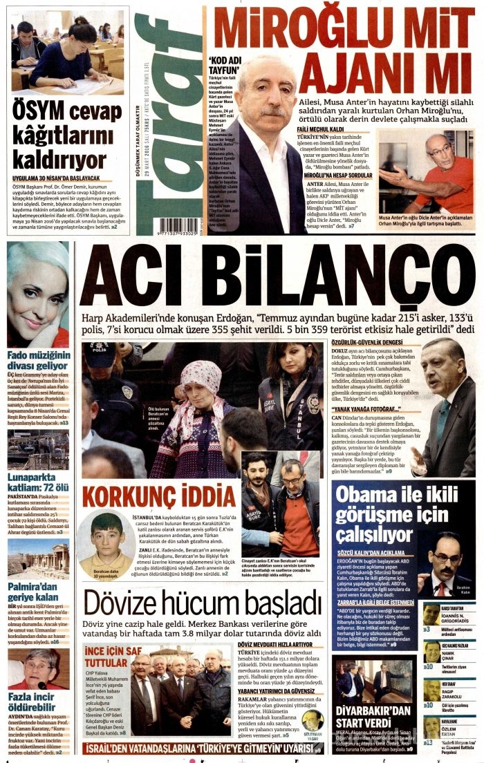 Gazete manşetleri (29 Mart 2016)