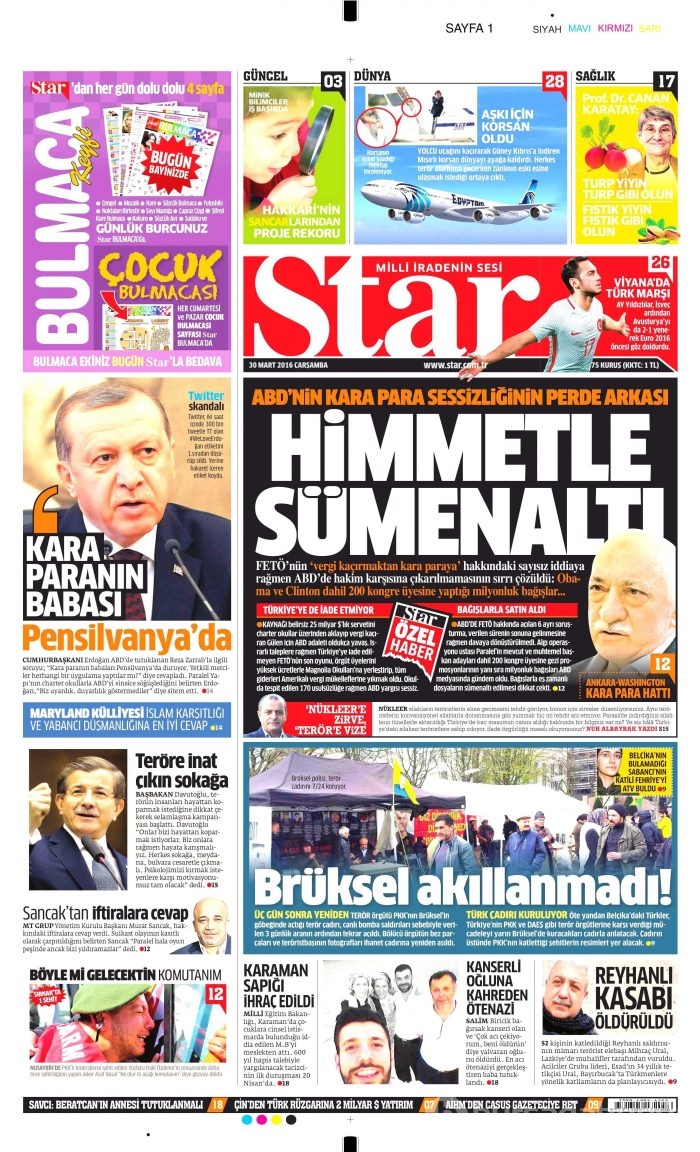 Gazete manşetleri (30 Mart 2016)