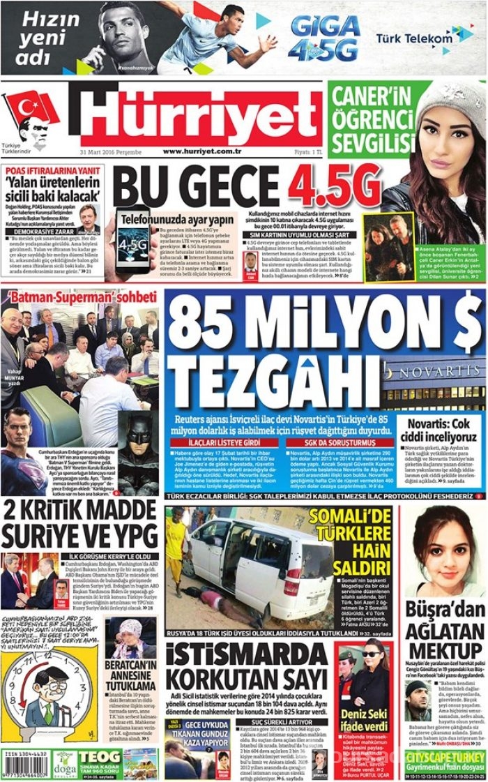 Günün gazete manşetleri - 31 Mart 2016