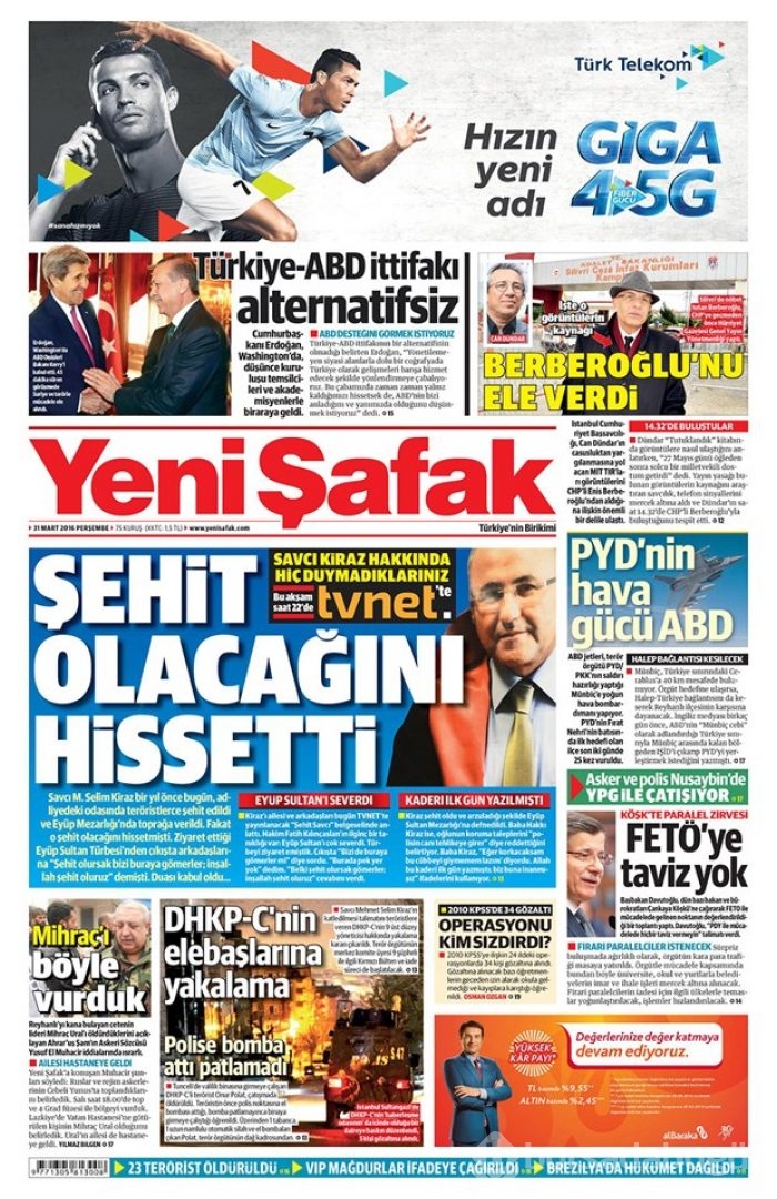 Günün gazete manşetleri - 31 Mart 2016