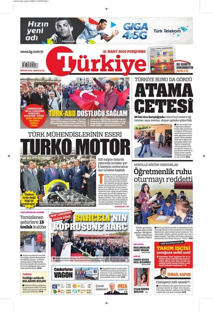 Günün gazete manşetleri - 31 Mart 2016