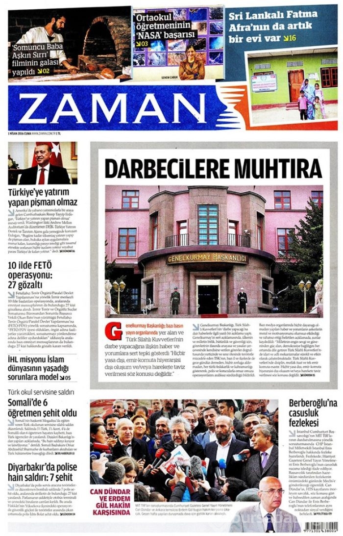 Günün gazete manşetleri - 1 Nisan 2016
