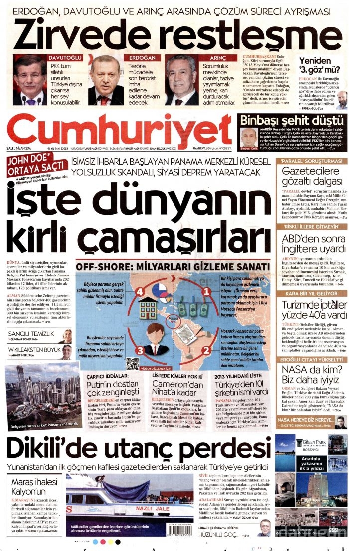 5 Nisan 2016 gazete manşetleri