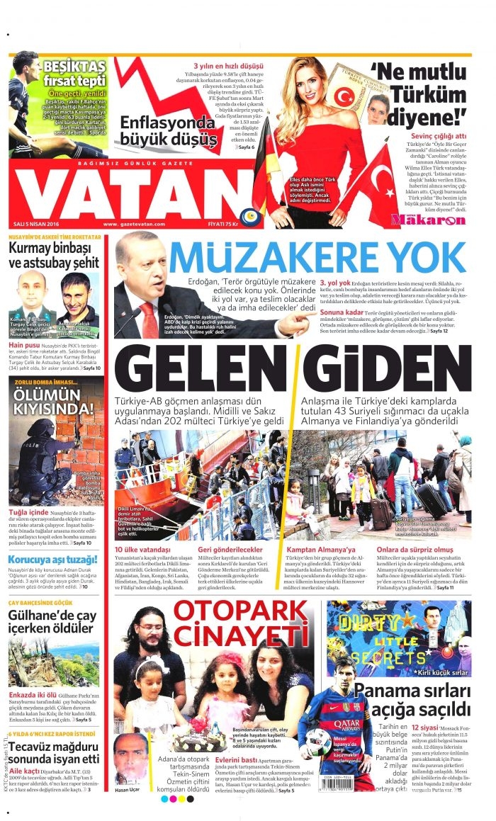5 Nisan 2016 gazete manşetleri