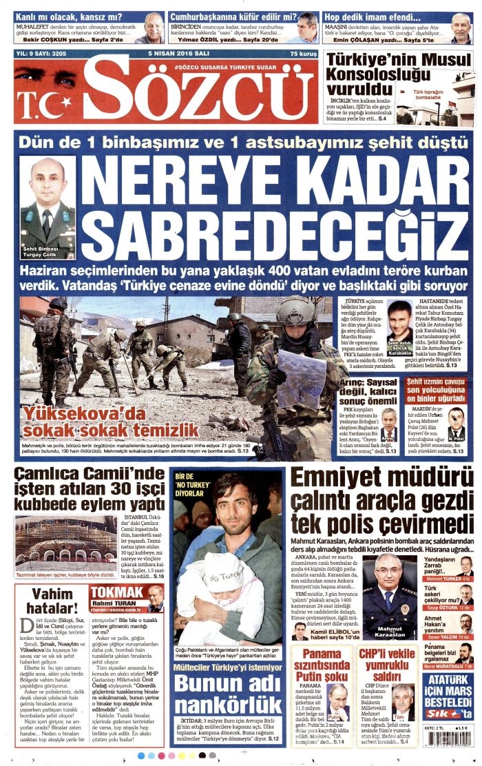 5 Nisan 2016 gazete manşetleri