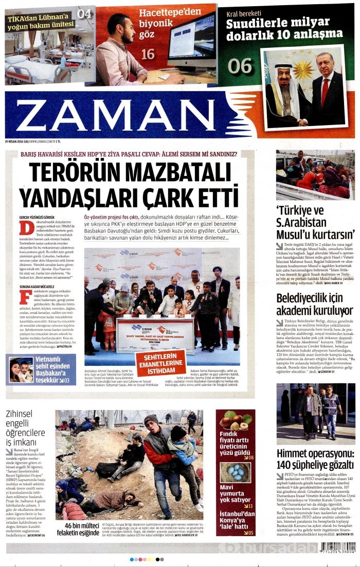 19 Nisan 2016 gazete manşetleri