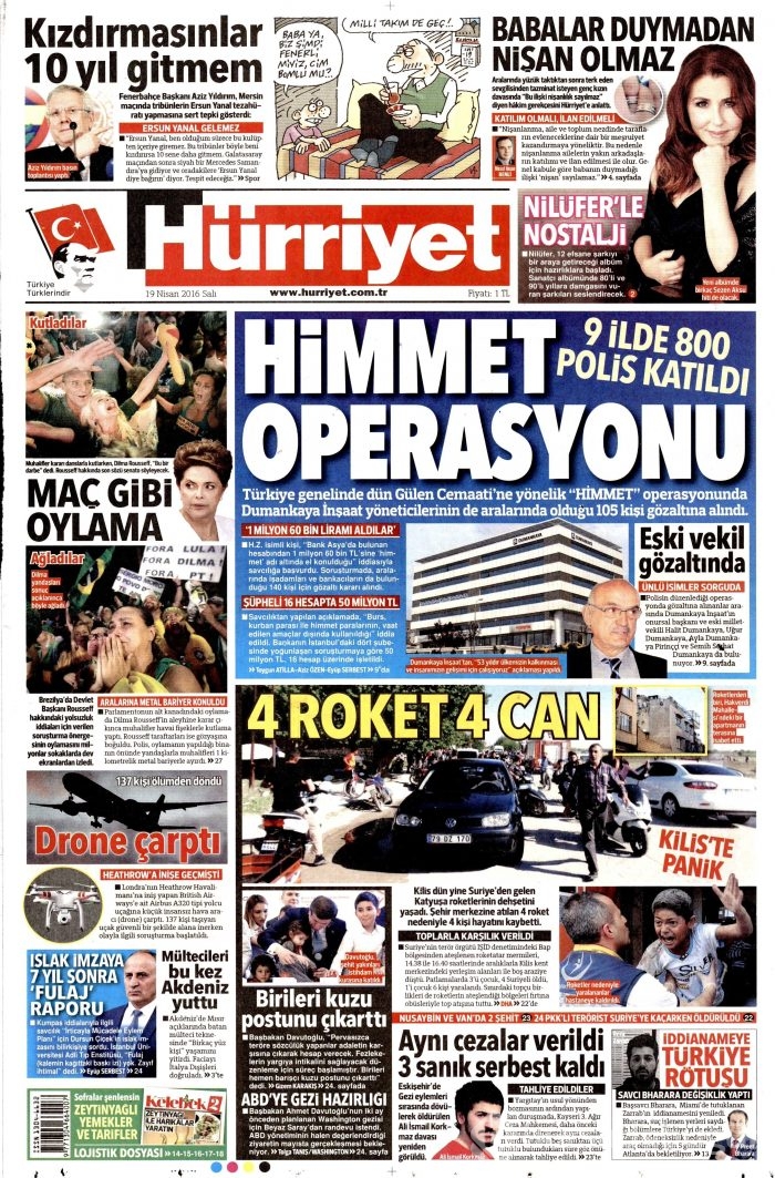 19 Nisan 2016 gazete manşetleri