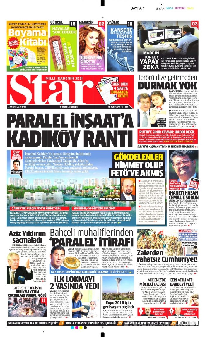 19 Nisan 2016 gazete manşetleri