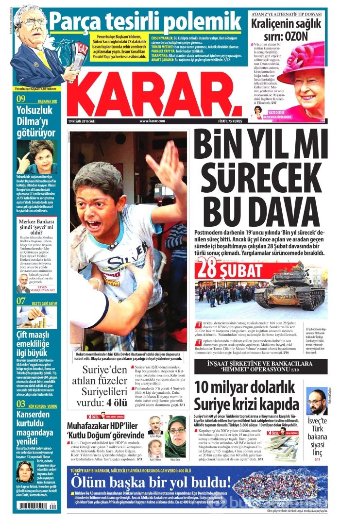 19 Nisan 2016 gazete manşetleri