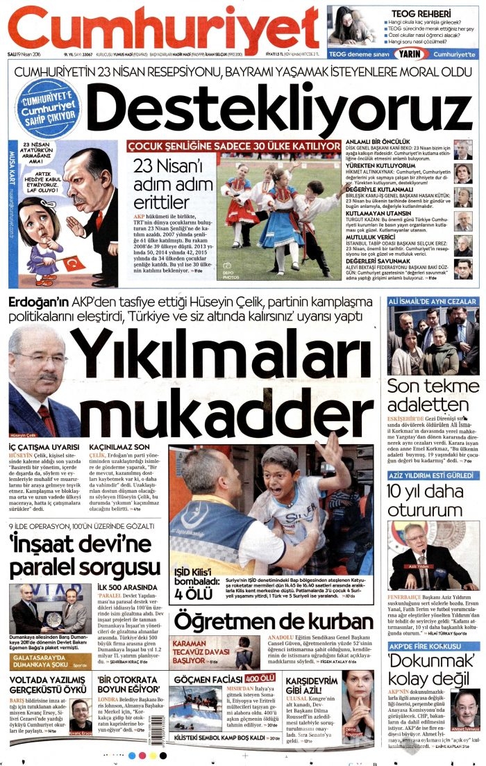 19 Nisan 2016 gazete manşetleri