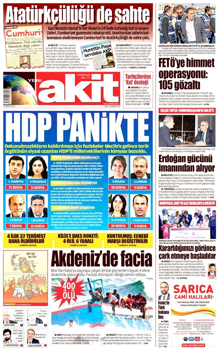 19 Nisan 2016 gazete manşetleri