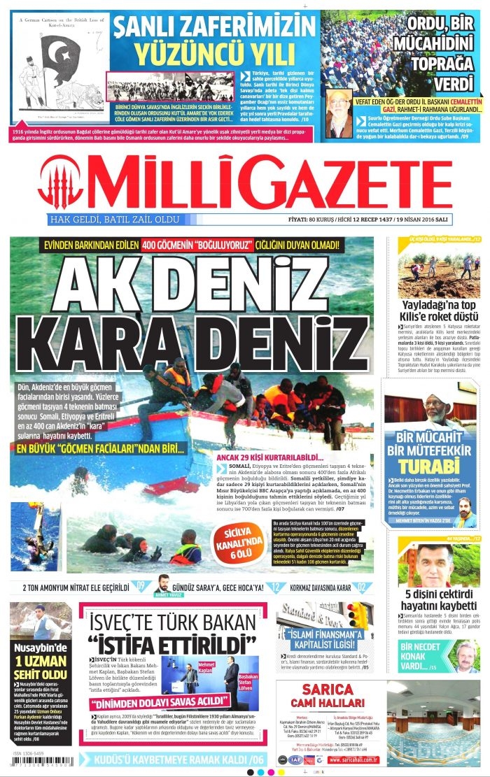 19 Nisan 2016 gazete manşetleri