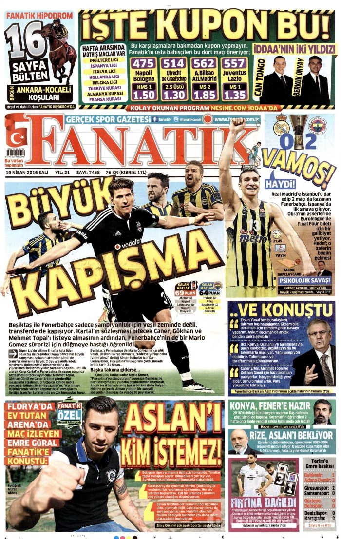 19 Nisan 2016 gazete manşetleri