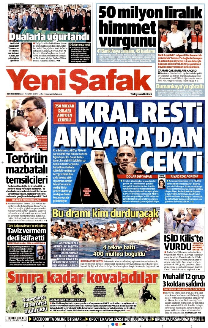 19 Nisan 2016 gazete manşetleri