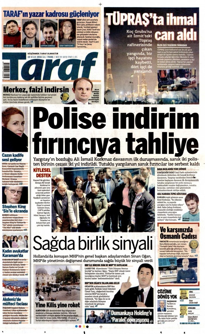 19 Nisan 2016 gazete manşetleri