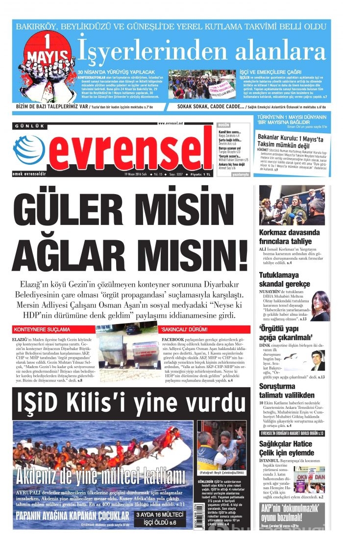 19 Nisan 2016 gazete manşetleri