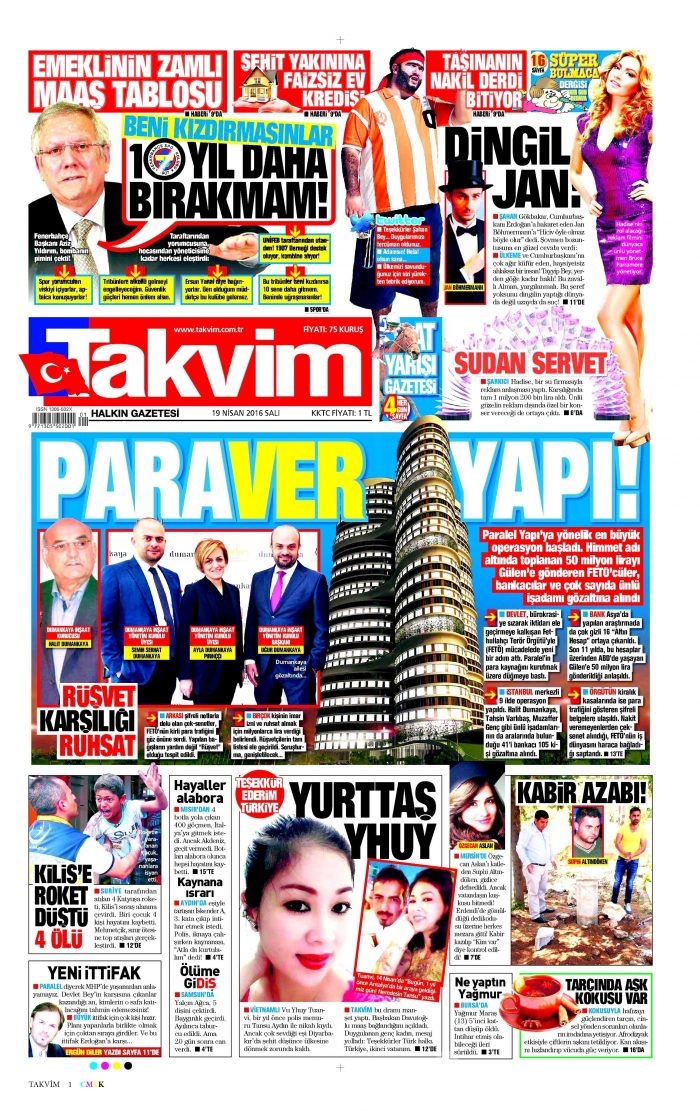 19 Nisan 2016 gazete manşetleri