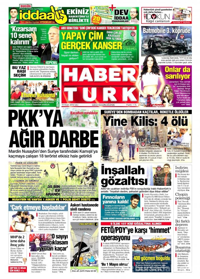 19 Nisan 2016 gazete manşetleri