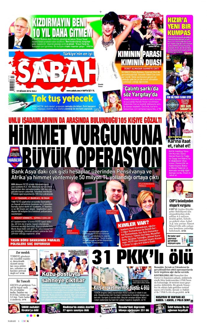 19 Nisan 2016 gazete manşetleri