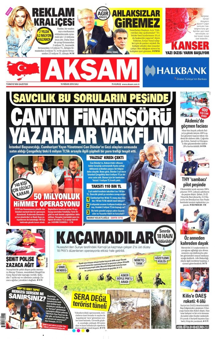 19 Nisan 2016 gazete manşetleri