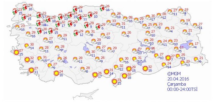 Yurtta 5 günlük hava durumu (20.04.2016)