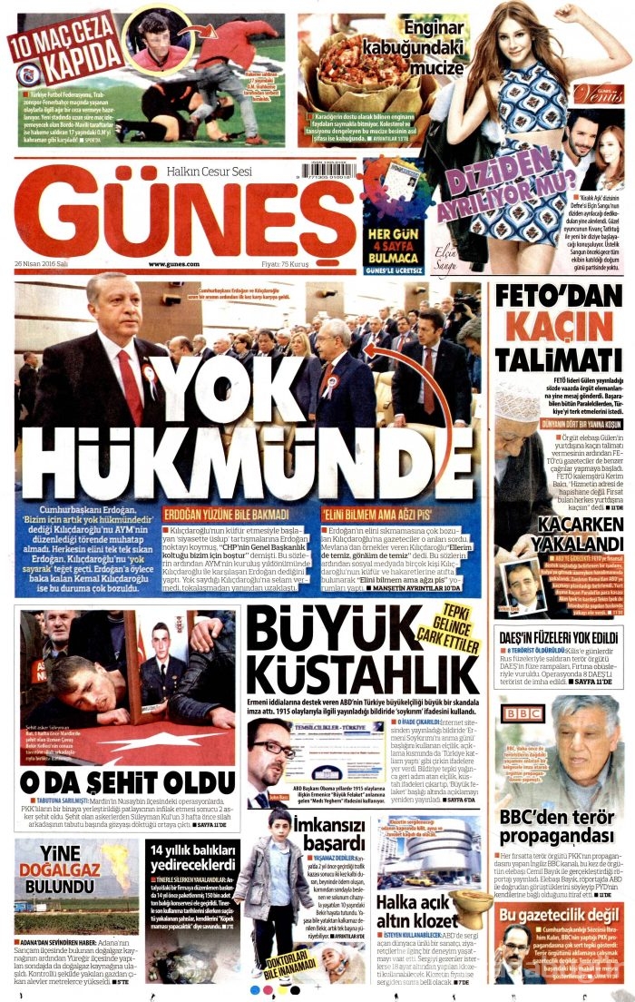 26 Nisan 2016 gazete manşetleri