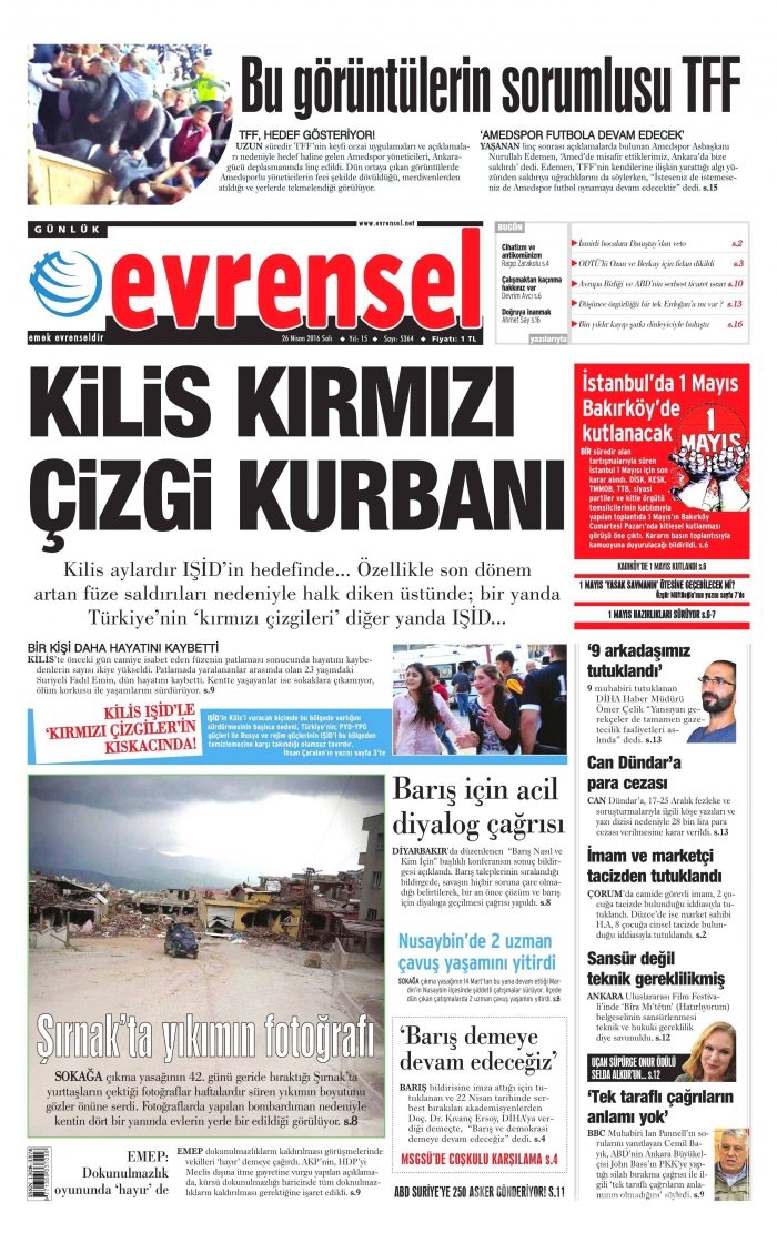 26 Nisan 2016 gazete manşetleri