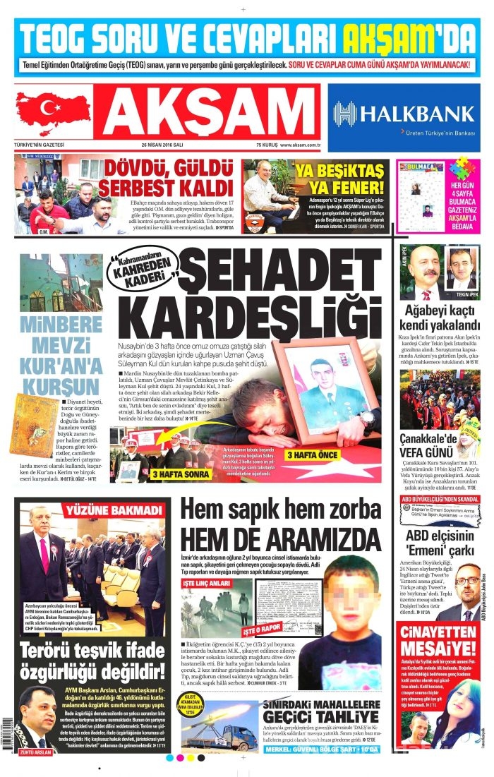 26 Nisan 2016 gazete manşetleri