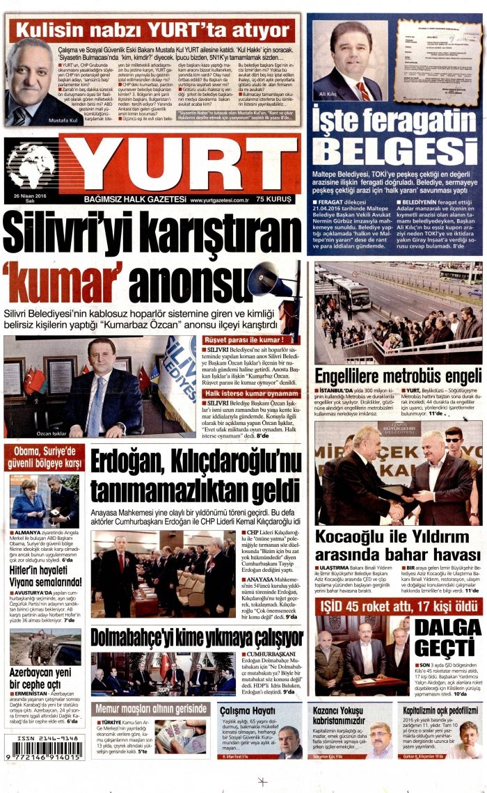 26 Nisan 2016 gazete manşetleri
