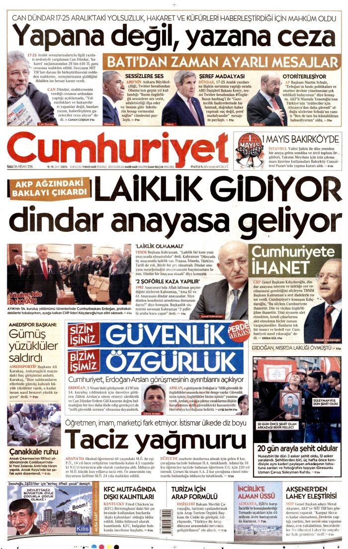 26 Nisan 2016 gazete manşetleri