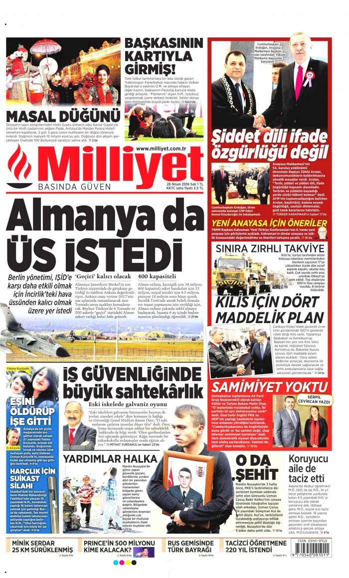 26 Nisan 2016 gazete manşetleri