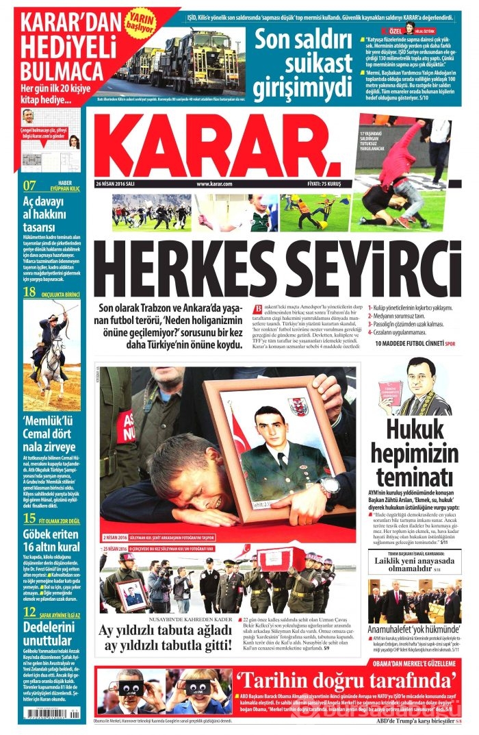 26 Nisan 2016 gazete manşetleri