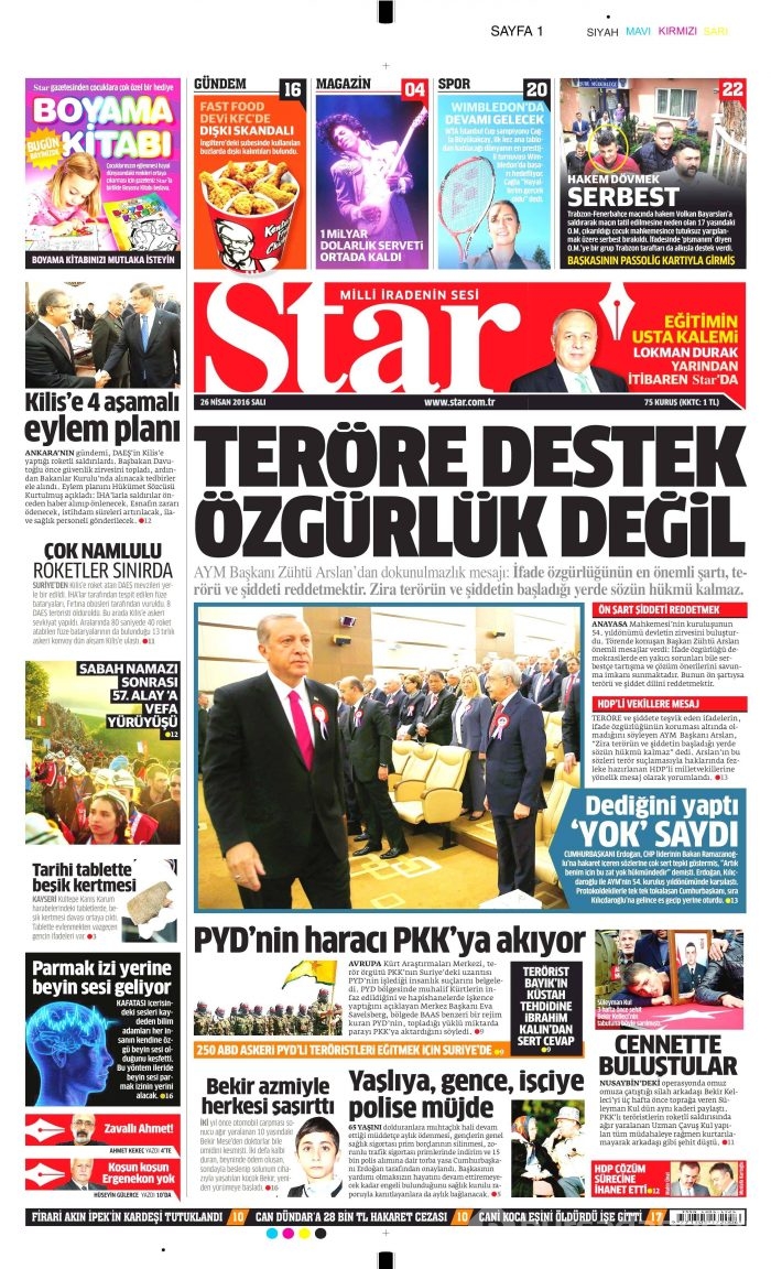 26 Nisan 2016 gazete manşetleri