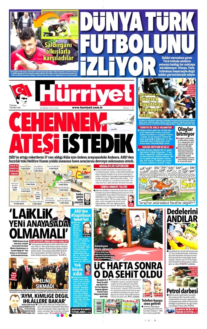 26 Nisan 2016 gazete manşetleri