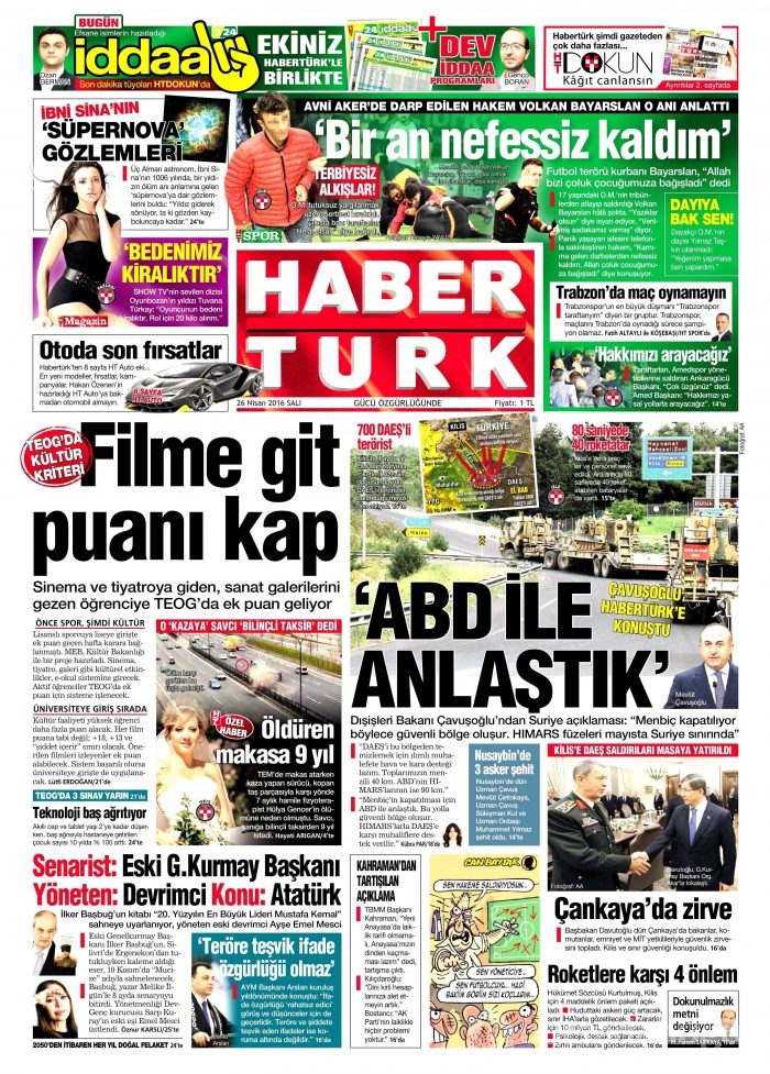26 Nisan 2016 gazete manşetleri