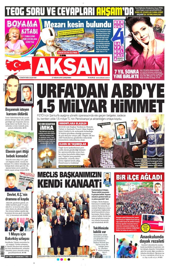 27 Nisan 2016 gazete manşetleri