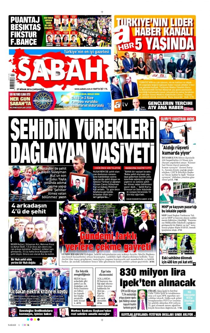 27 Nisan 2016 gazete manşetleri