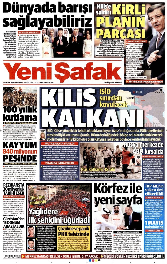 27 Nisan 2016 gazete manşetleri