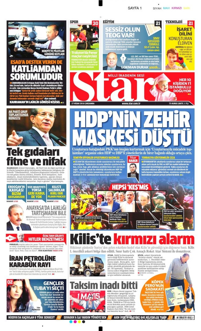 27 Nisan 2016 gazete manşetleri