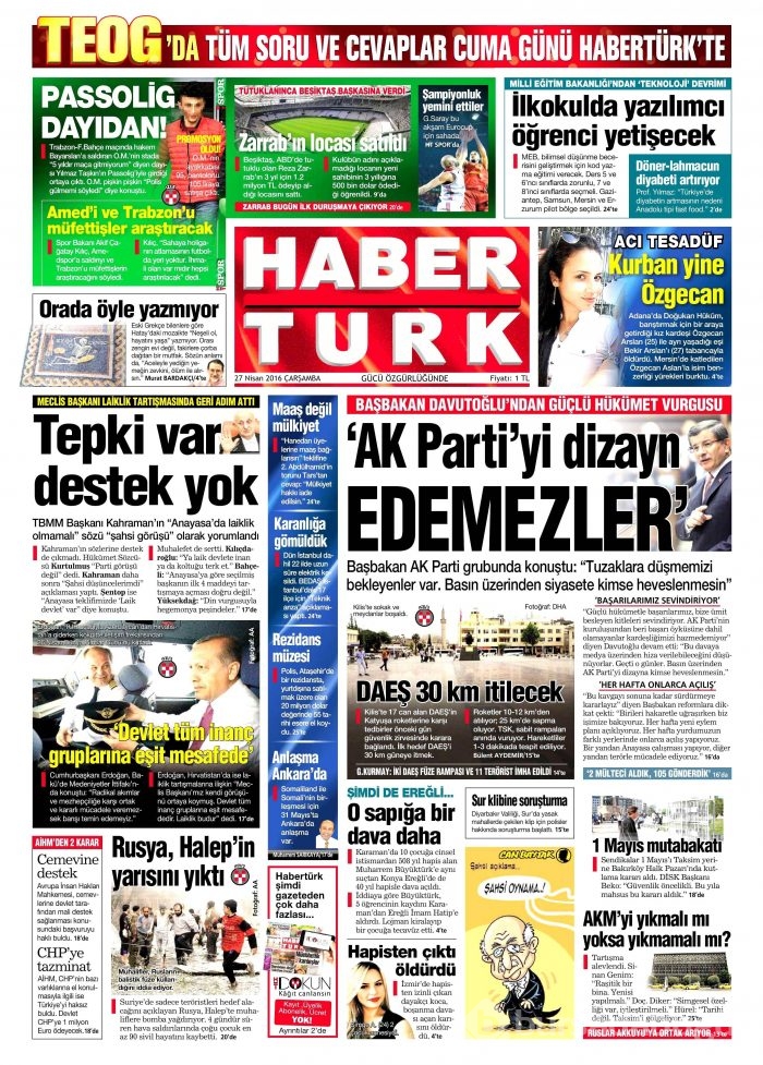 27 Nisan 2016 gazete manşetleri