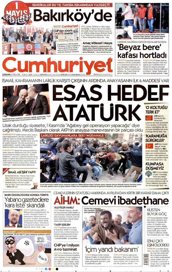 27 Nisan 2016 gazete manşetleri