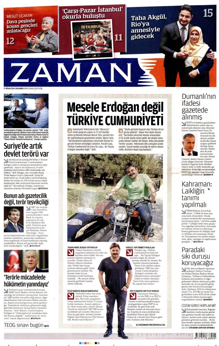 27 Nisan 2016 gazete manşetleri