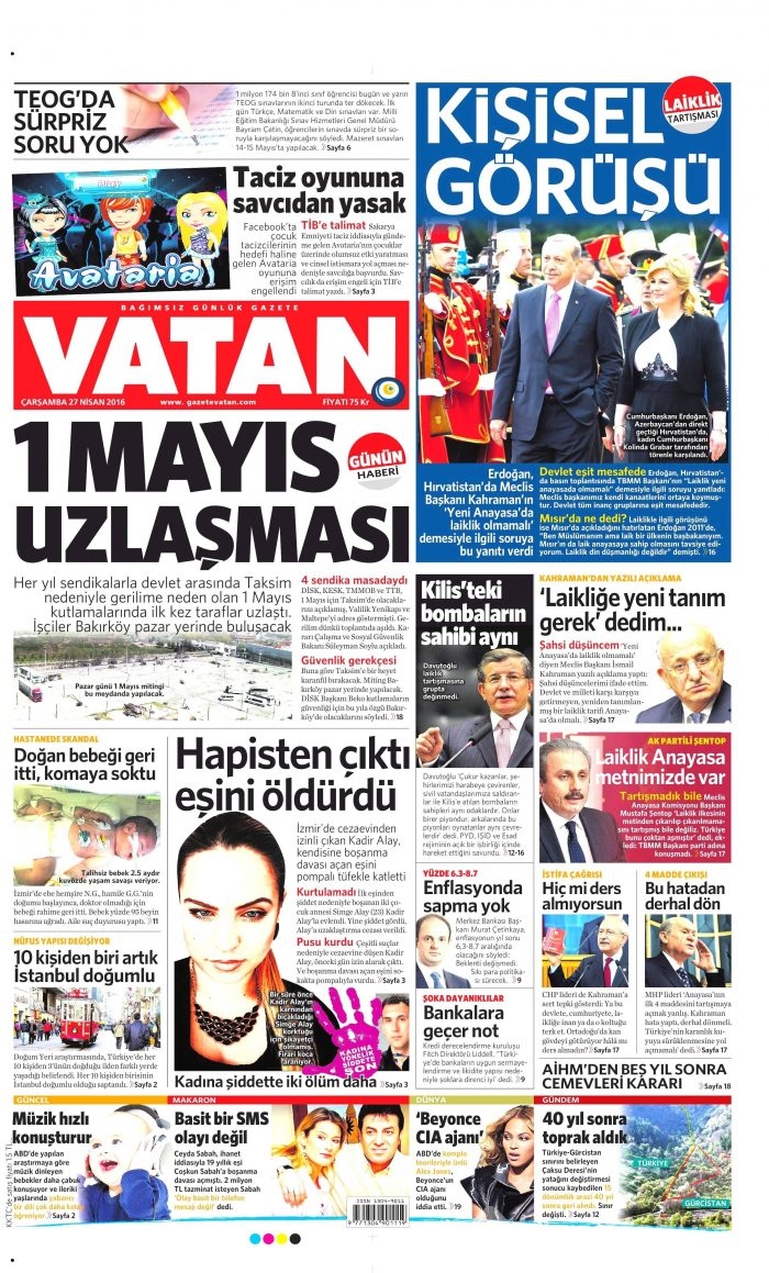 27 Nisan 2016 gazete manşetleri