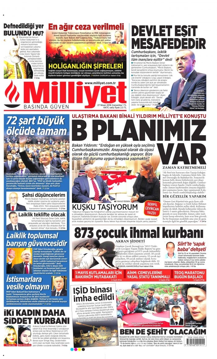 27 Nisan 2016 gazete manşetleri