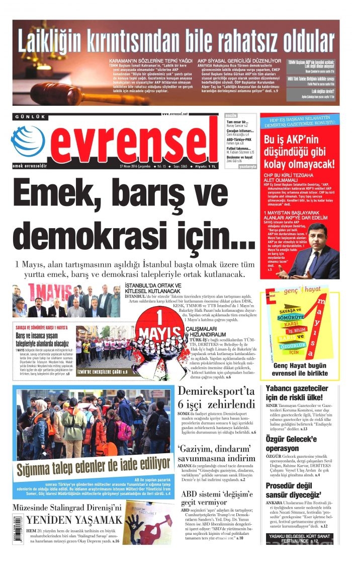 27 Nisan 2016 gazete manşetleri