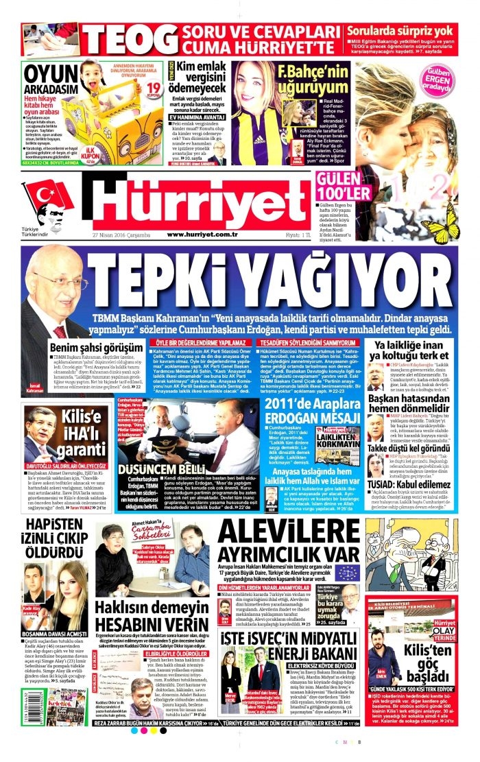 27 Nisan 2016 gazete manşetleri